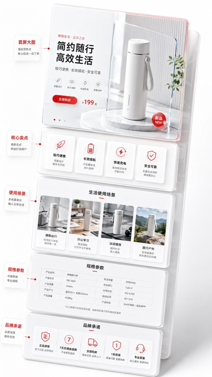 AI 详情生成：首屏、卖点、场景、参数、品牌承诺的模块化详情长图